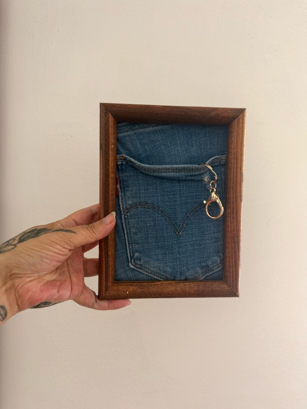 Denim Pocket Keychain Display in Wood Frame